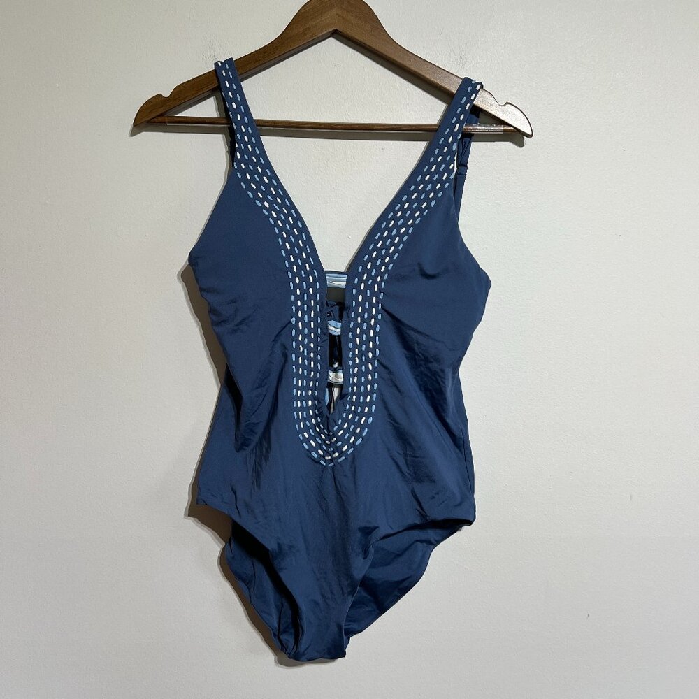 Like New BECCA Blue Detailed One Piece Swimsuit Plunge Neck, Medium - Picture 2 of 8